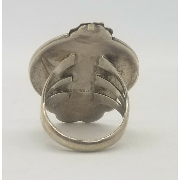 Sterling Silver and Turquoise Stone Navajo Inspired Ring Feathers Flower - Picture 5 of 9